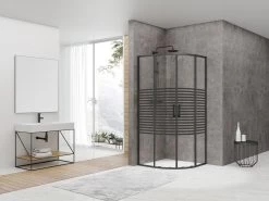 Box Doccia Angolare Semicircolare Arek 80x80 H190 Porte Scorrevoli Cristallo 6 Mm Trasparente Serigrafato Nero Opaco