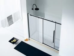 Porta Sopravasca Velo Cm 170 H150 Anta Scorrevole Sinistra Cristallo Serigrafato Profili Nero Opaco